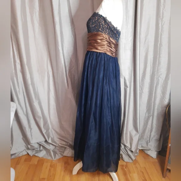 Silk Nicole Farhi Ballgown Navy Blue & Bronze full skirt Strapless bodice UK 14 - Picture 6 of 12